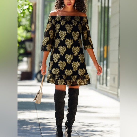 Boston Proper Off The Shoulder Black Metallic Gold Foil Dress Size S